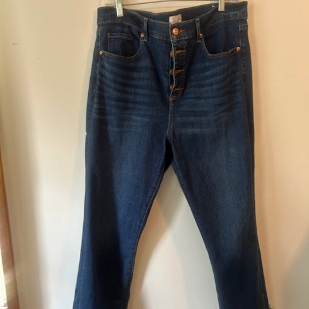 Loft Slim Fit 5 pocket button fly flare raw hem denim jeans, size 32/14